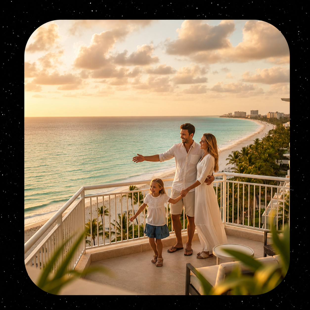 Family enjoying hotel balcony view
